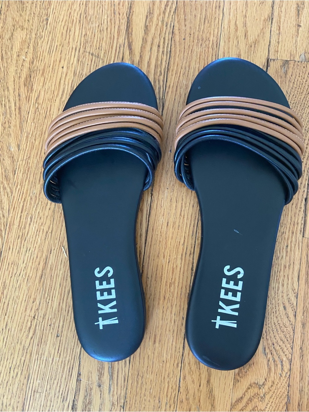 TKEES Black Slide Sandals with Brown Straps
